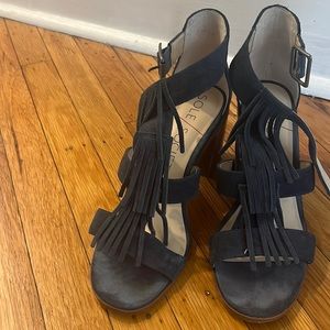 Sole society fringe navy blue wooden block heel Sandal heels